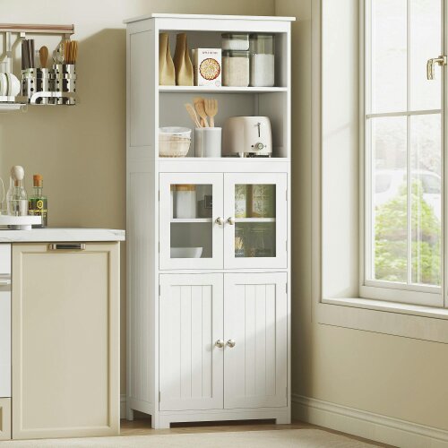 Wyld Haus Doke Wooden White 4 Door Kitchen Cupboard With Glass Panels And Adjustable Shelves