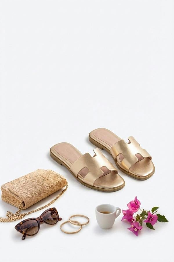 Aria Womens H-Strap Flat Slide Sandals - GOLD_wb