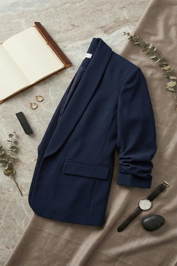 Valerie Ruched Sleeve Open Front Blazer Jacket With Front Pockets - Navy