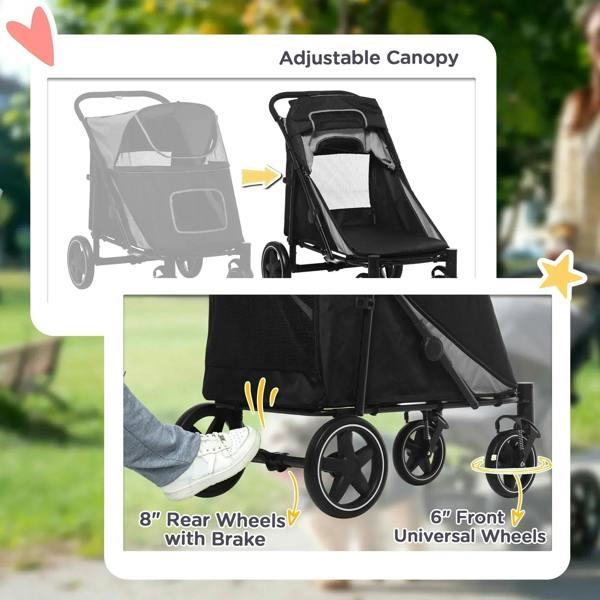 Black pet stroller with adjustable canopy, rear wheels with brake, and front universal wheels