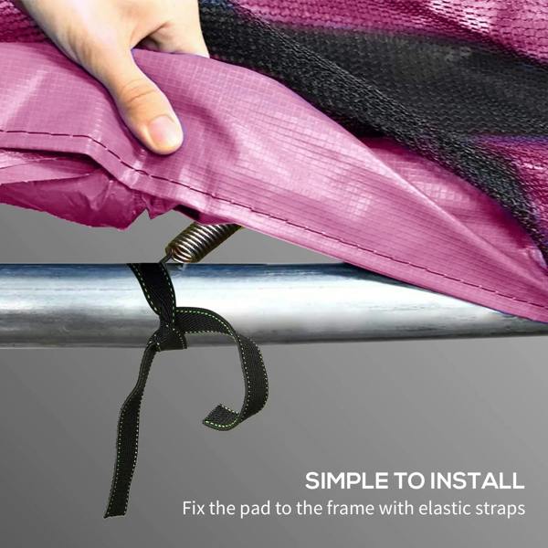 Pink trampoline spring cover being secured with elastic straps to the frame