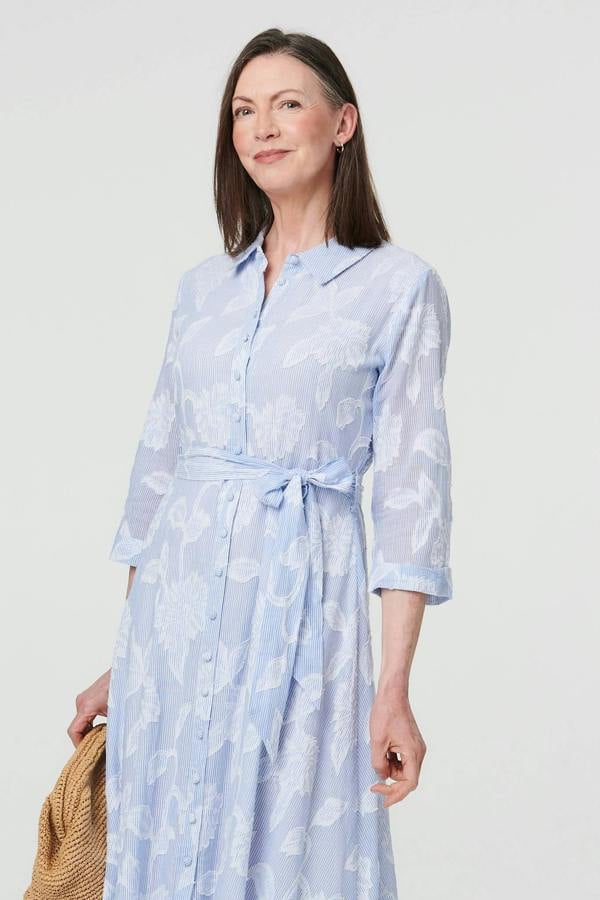 Blue | Floral Textured 3/4 Sleeve Midi Dress