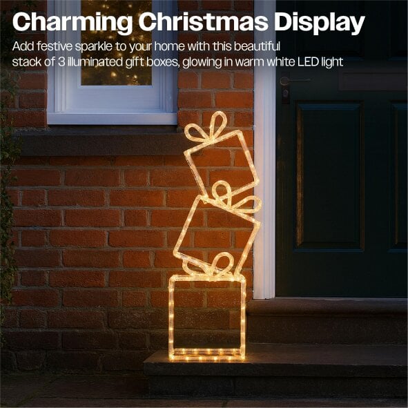 Scotts of Stow Xmas Haus Pre Lit 40 Warm White LED Christmas Presents Stack of 3 with 5m Lead Timer