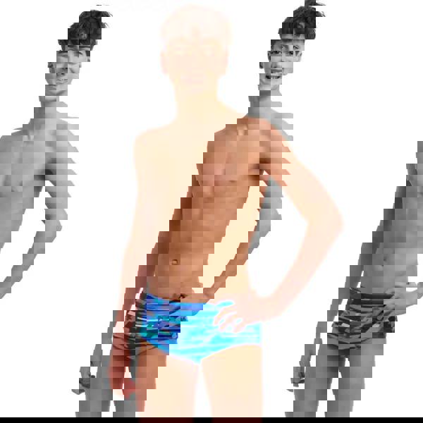 Boys Pace Racer Sidewinder swim trunks in blue camo with green leaves