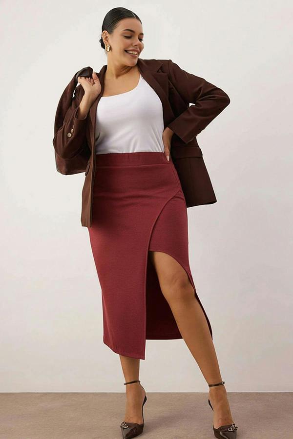 WOVCOR Slit Detail Knitted Stretch Fabric Plus Size Midi Skirt