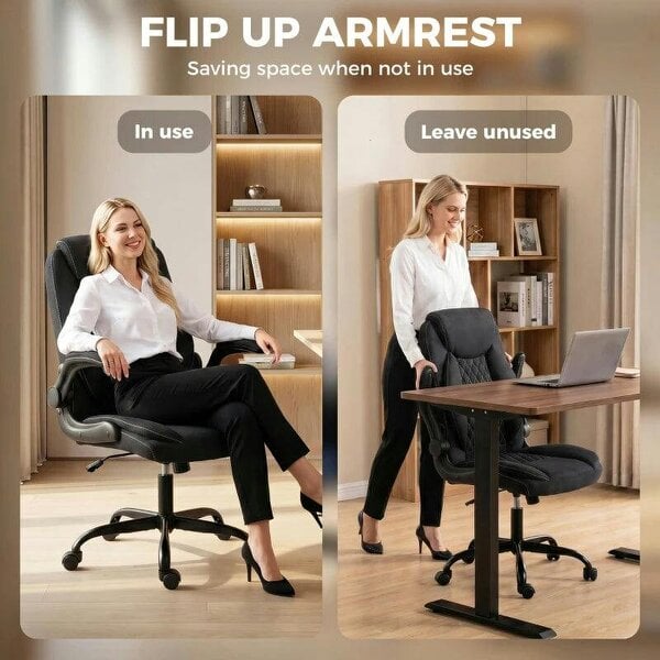 Linen-Look Computer Desk Chair, Executive Office Chair with Flip-Up Armrests and Thick Cushion, Black