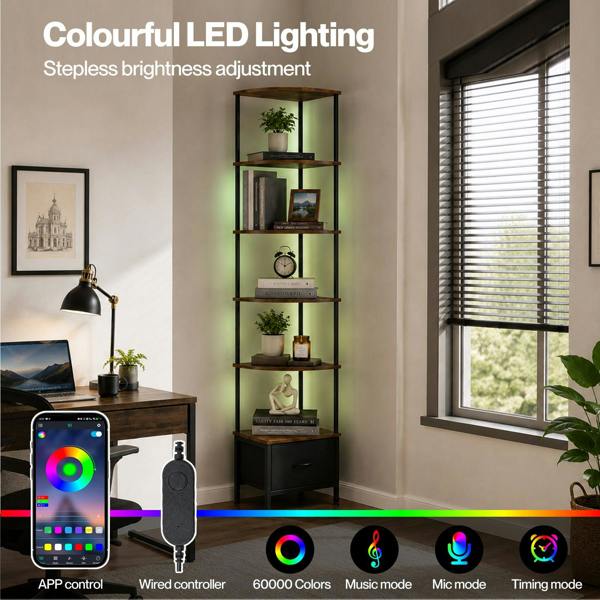 Levede Corner Bookcase Tall Corner Shelf Unit 6-Tier with LED Light Drawer Brown