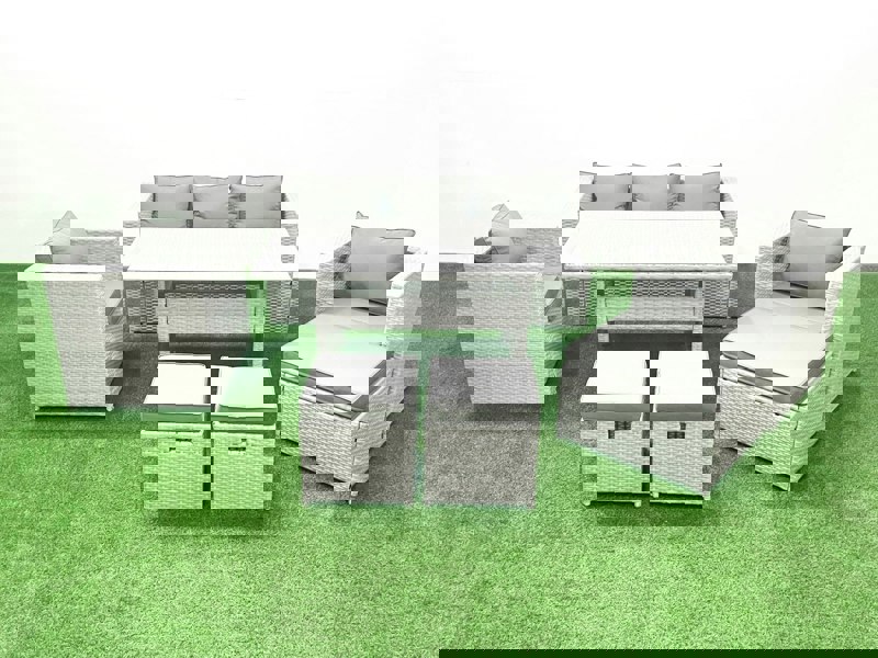 Fimous Garden Dining Set Outdoor Rattan Furniture Set with Sofa Dining Table 2 Chairs 3 Footstools Light Grey Mixed