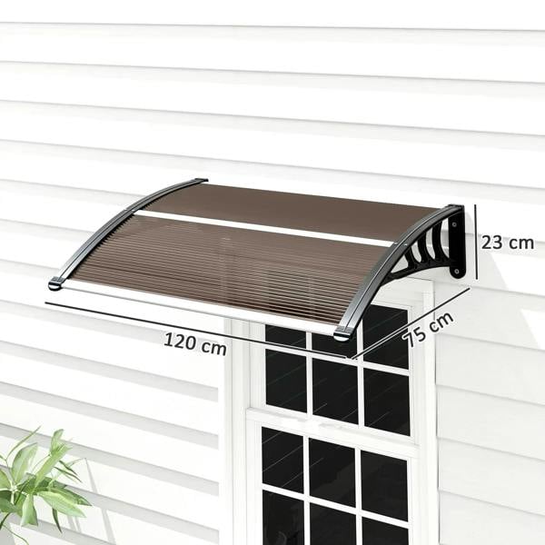 Brown door canopy awning with slatted panel and side mounting brackets, 120 x 75 cm