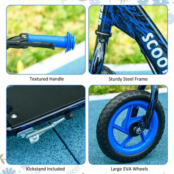 Kids scooter details: blue grips, sturdy steel frame, textured deck, large EVA wheels