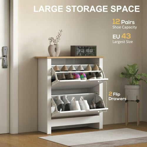 Wyld Haus Sakeno High Gloss White Slim Shoe Cabinet With 2 Flip Drawers For 12 Pairs