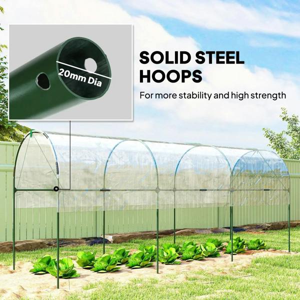 Green steel hoops for tunnel greenhouse under clear plastic cover, 20mm dia ends