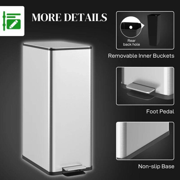 20L Kitchen Pedal Bin, Slim Stainless Steel Rubbish Bin, Removable Inner Bucket, Soft-Close and Stay-Open Lid, Silver Tone