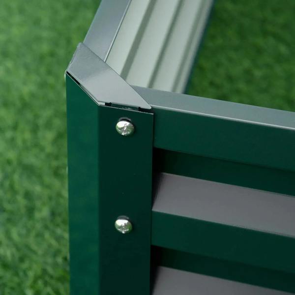 Green steel raised garden bed corner joint with two metal screws