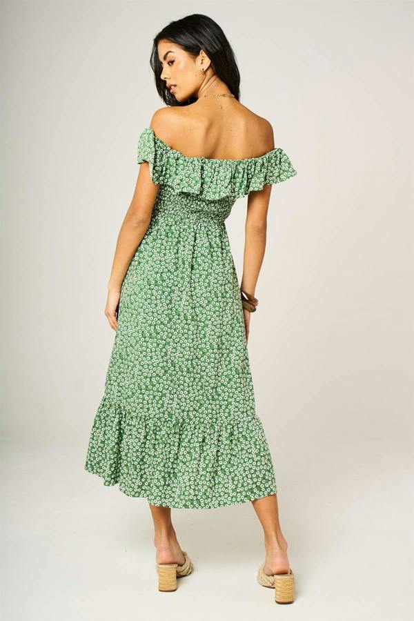 FS Collection Little Floral Print Hem Frill Detail Bardot Midi Dress In Green