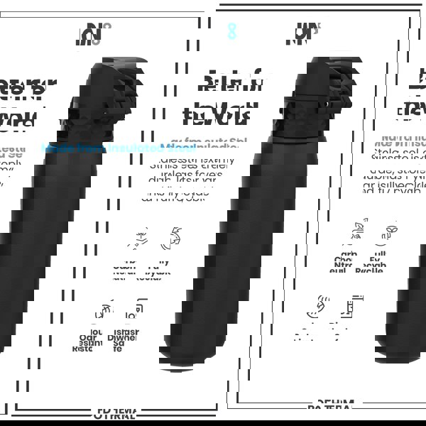 A black insulated steel water bottle sits against a white background. It is made from recyclable, durable stainless steel; it's carbon neutral, odour resistant, and dishwasher safe.