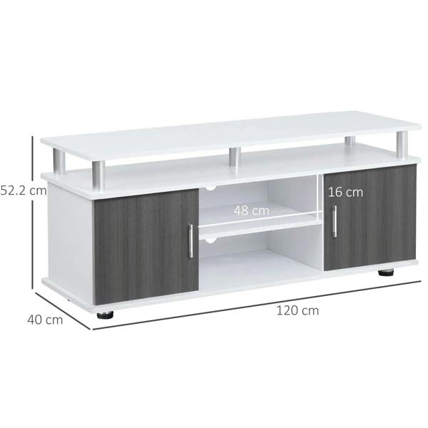White TV cabinet with two side doors and open media shelf, flat tabletop