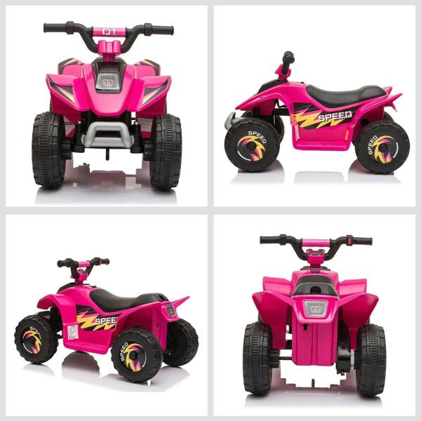 Pink kids electric ride-on ATV quad bike shown from multiple angles with black seat