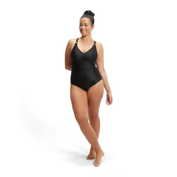 Speedo shaping v neck swimsuit in black with gold accents and removable bra pads