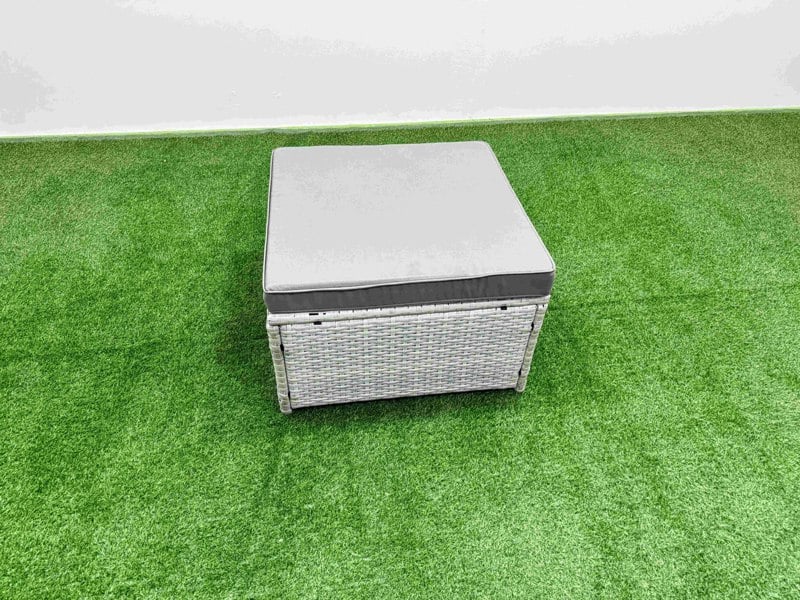 Fimous 8 PCs Rising Dining Table Set Rattan Furniture Set with 3 Seater Sofa 3 Footstools 2 Side Tables Light Grey