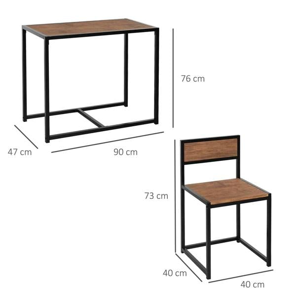 Dining table with two chairs and dimension markings, black steel frame, natural wood-look
