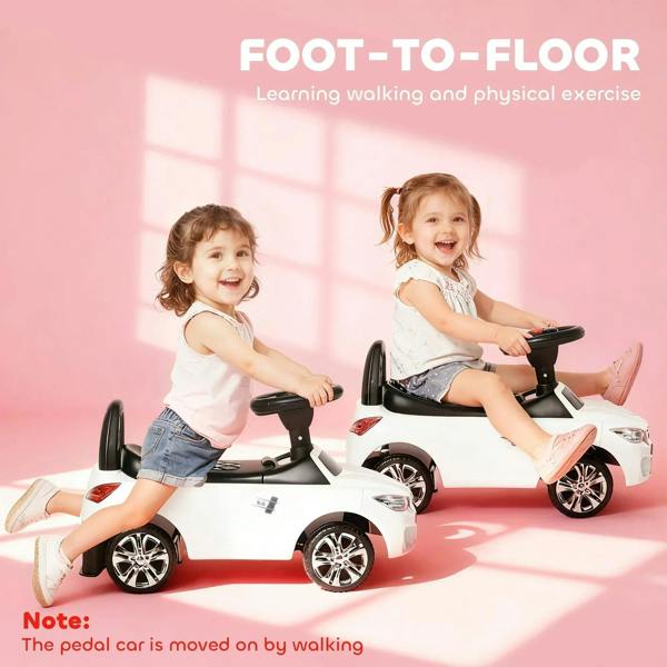 White foot-to-floor ride-on sliding car with two toddlers seated