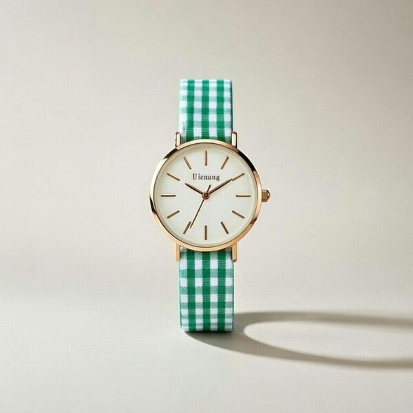 The Colourful Aura Green Plaid Cloth Changeable Cotton Tie Knot Strap Geneva Boho Wristwatch