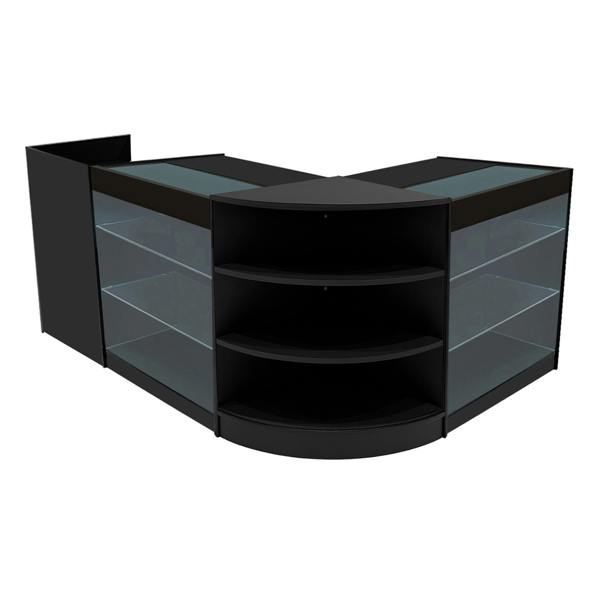 Astro LED Shop Counter Set in sleek black, featuring curved glass shelves and modern design, ideal for retail displays