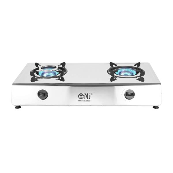 A silver portable gas stove with two burners, brand name NJ, with blue flames, pan supports and rubber legs.
