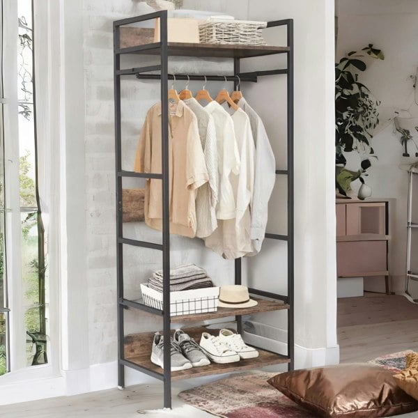 Rafaelo Mobilia Industrial Open Wardrobe Garment Rail With Storage Shelves Rustic Brown