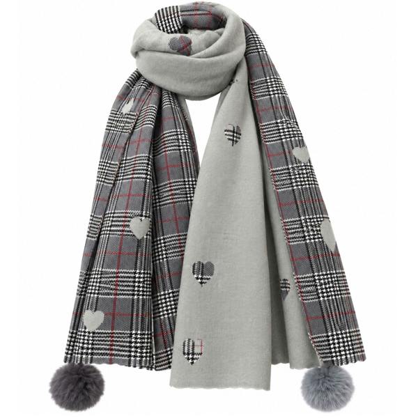 Women’s Tartan Heart Scarf with Faux Fur Pom Poms