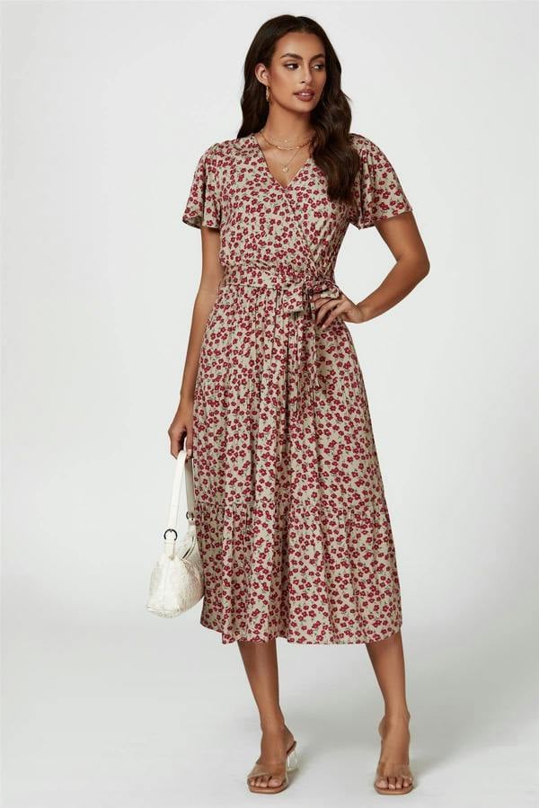 FS Collection Pink Floral Print Wrap Midi Dress In Beige