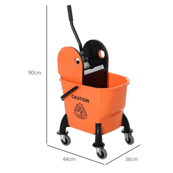 Orange 25L mop bucket with wringer and wheels, shown from front