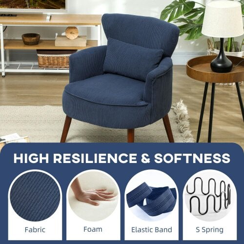 Wyld Haus Kesu Blue Corduroy Retro Style Accent Chair Dark Wooden Angled Legs