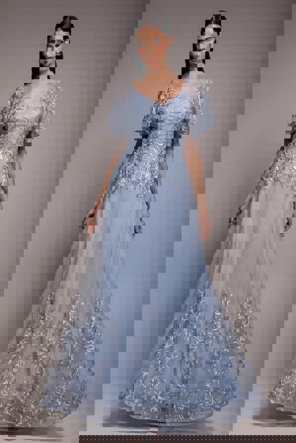 Lace Flutter Sleeve Embroidered Mesh A Line Maxi Dress - Blue DR3942