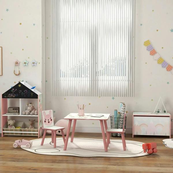 Pink toy storage chest with hinged lid in a kids room, with matching decor