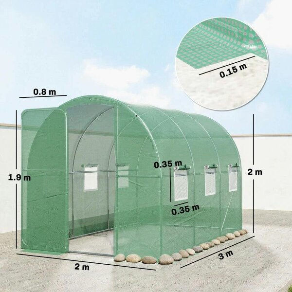 2 x 3 m Walk-in Polytunnel Greenhouse with Hinged Door and 6 Roll Up Mesh Windows, Garden Tunnel Warm House Tent, Green