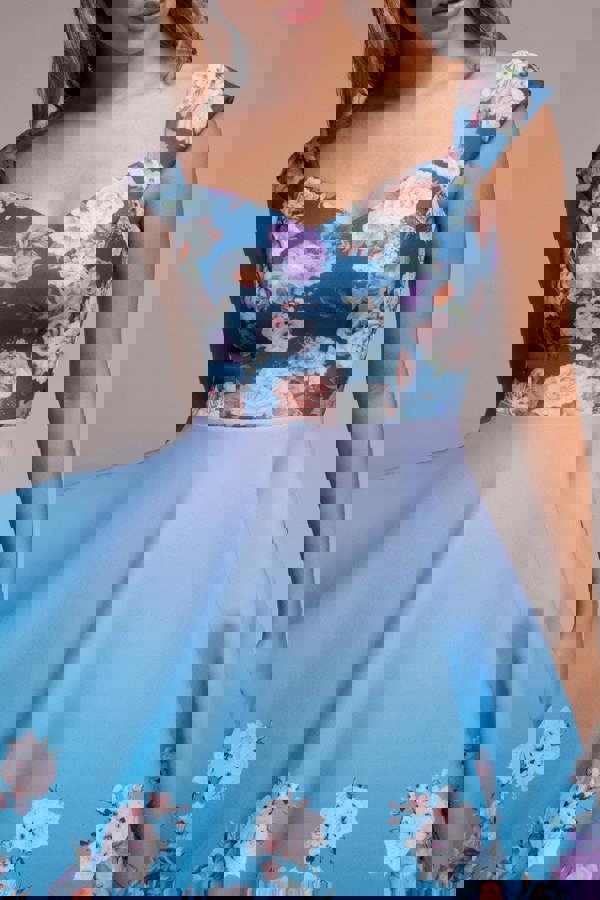 Floral Printed Scuba Foam Skater Dress - Blue DR4269