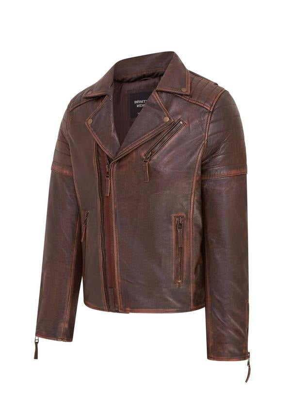 Infinity Leather Mens Brando Double Cross Zip Leather Biker Jacket- Fagernes