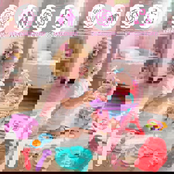 deAO 12" Baby Doll Backpack Playset - Pretend Feeding Set with Doll, Mini High Chair, Accessories & Travel Bag