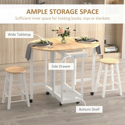 Wyld Haus Rasola Wooden White Mobile Drop Leaf Dining Table With Stools Drawers Shelving And Wheels