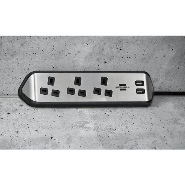 Brennenstuhl Estilo Corner Extension Lead With USB - Stainless Steel - Silver & Black