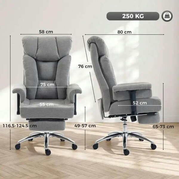 Big and Tall Office Chair, 250 kg Heavy Duty Executive Desk Chair with Adjustable Padded Armrests and High Back, Grey