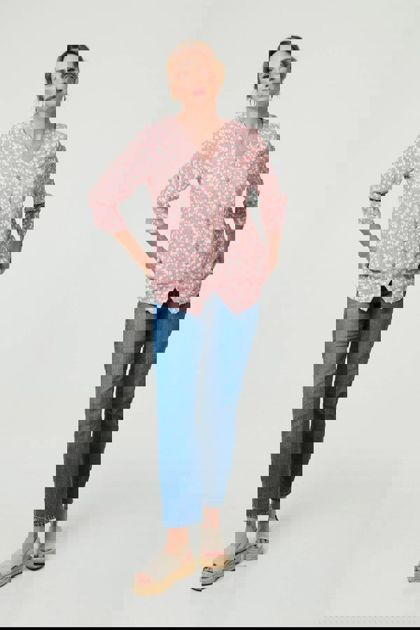 Pink | Ditsy Floral 3/4 Sleeve Curve Hem Top
