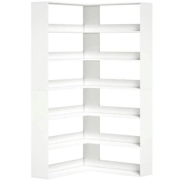 7 Tiers Bookshelf, L-Shaped Corner Bookcase with Anti-Slip Rear Guard, White Wood Effect