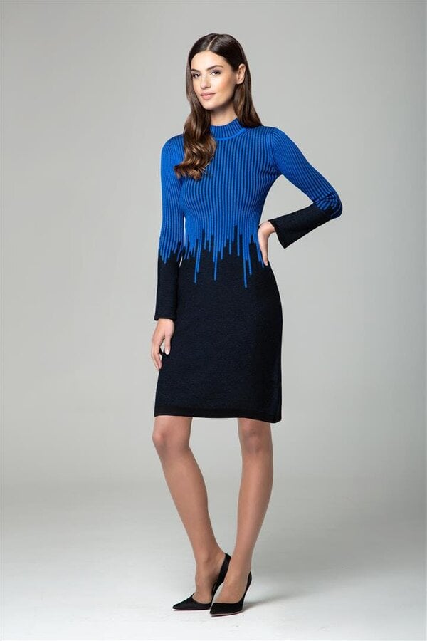 Talia blue two-tone ribbed knit dress with rain drop effect and bell sleeves