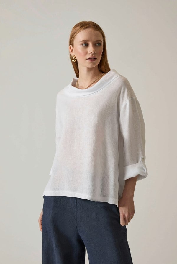 White linen top with draped cowl neckline