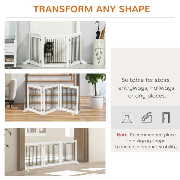White three-panel pet gate with black vertical bars and support feet shown in room layouts