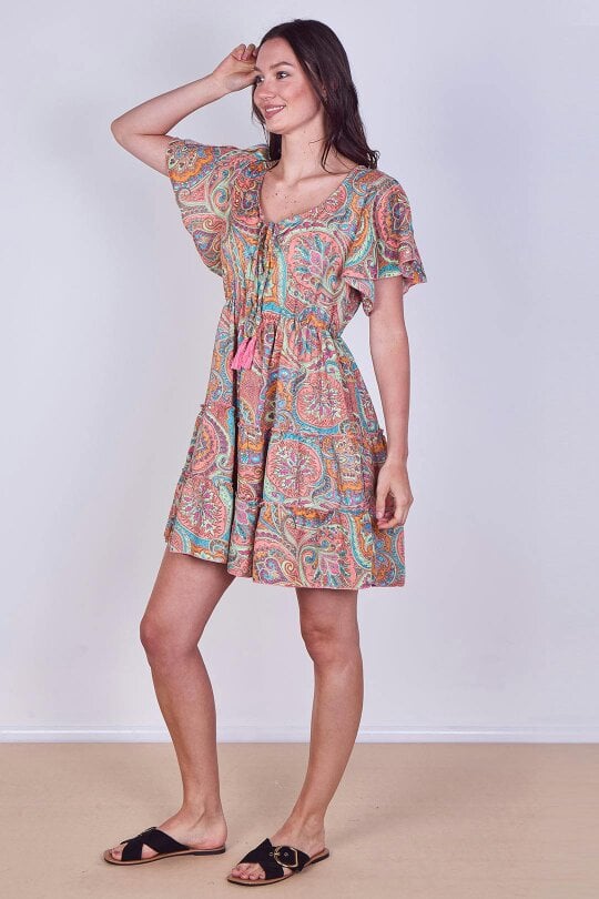 Elaina Fashion Mini Dress – Effortless Boho Style with Paisley Print - Onesize (8-14) - Orange