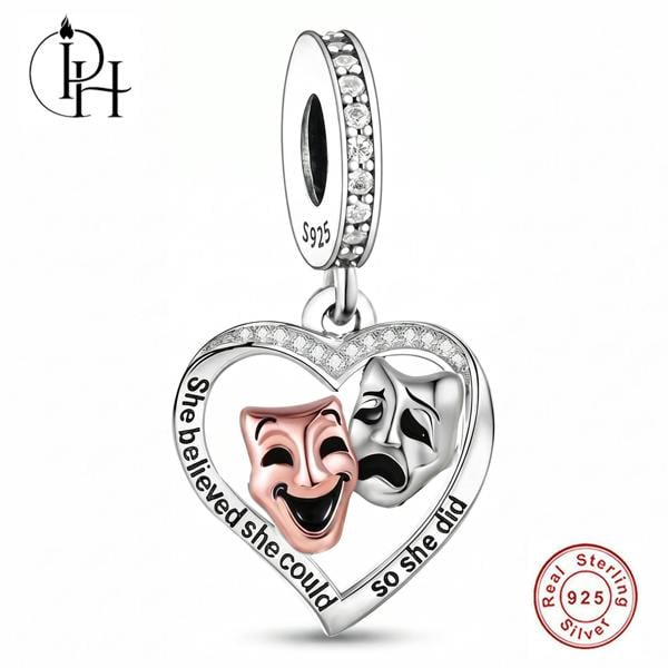 Parus Home Theatre Mask Charm Pandora Compatible 925 Sterling Silver Heart, Comedy & Tragedy Bracelet Dangle